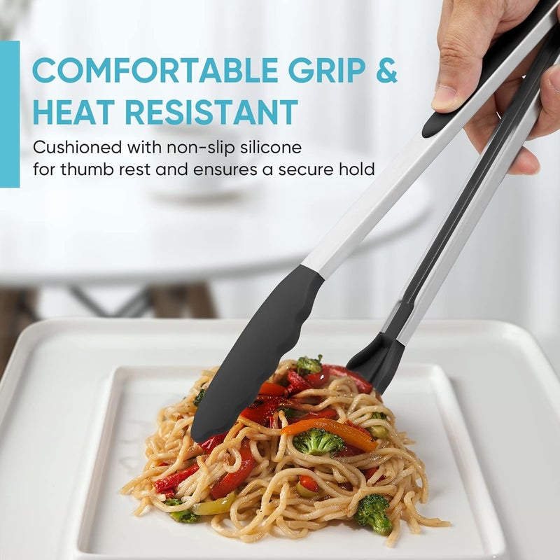 Maywe Tanso 600℉ Heat Resistant Kitchen Tongs for Cooking with Silicone Tips, 12-Inch Stainless Steel Locking Cooking Tongs Food Tongs for BBQ,Cooking,Salad and Serving Food,Heavy Duty,Non-Stick,Black - Image 3